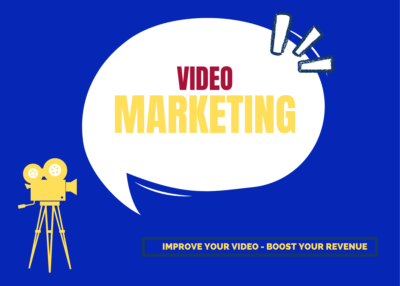 Image of a yellow video camera on a blue background with a thought bubble for video marketing for an article about digital content and the digital transformation.