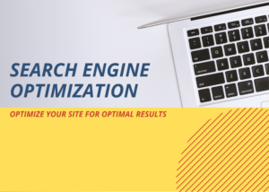 Image of a laptop with a yellow block of text overlayed saying Search Engine Optimization for an article about how to optimize website landing ages for lead generation.