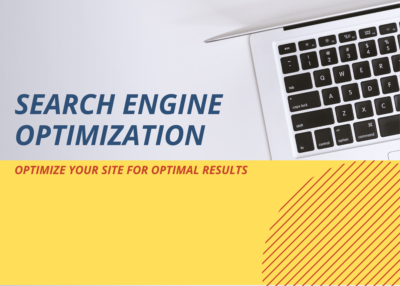 Image of a laptop with a yellow block of text overlayed saying Search Engine Optimization for an article about how to optimize website landing ages for lead generation.