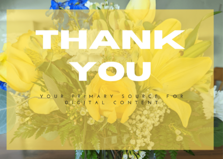 Image of white, blue, and yellow flowers with bold text saying "Thank You" to celebrate the 5-year anniversary of MDINC.