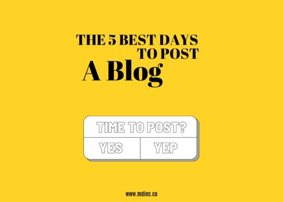 Yellow graphic with a text push asking if it's the right time to post a blog for a blog about the best days to post a blog.