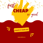 white image background with red waves and a yellow splatter with red words saying "Fast, Cheap, or Good" for an article about choosing two for your content creation strategy.