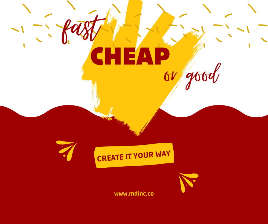 white image background with red waves and a yellow splatter with red words saying "Fast, Cheap, or Good" for an article about choosing two for your content creation strategy.