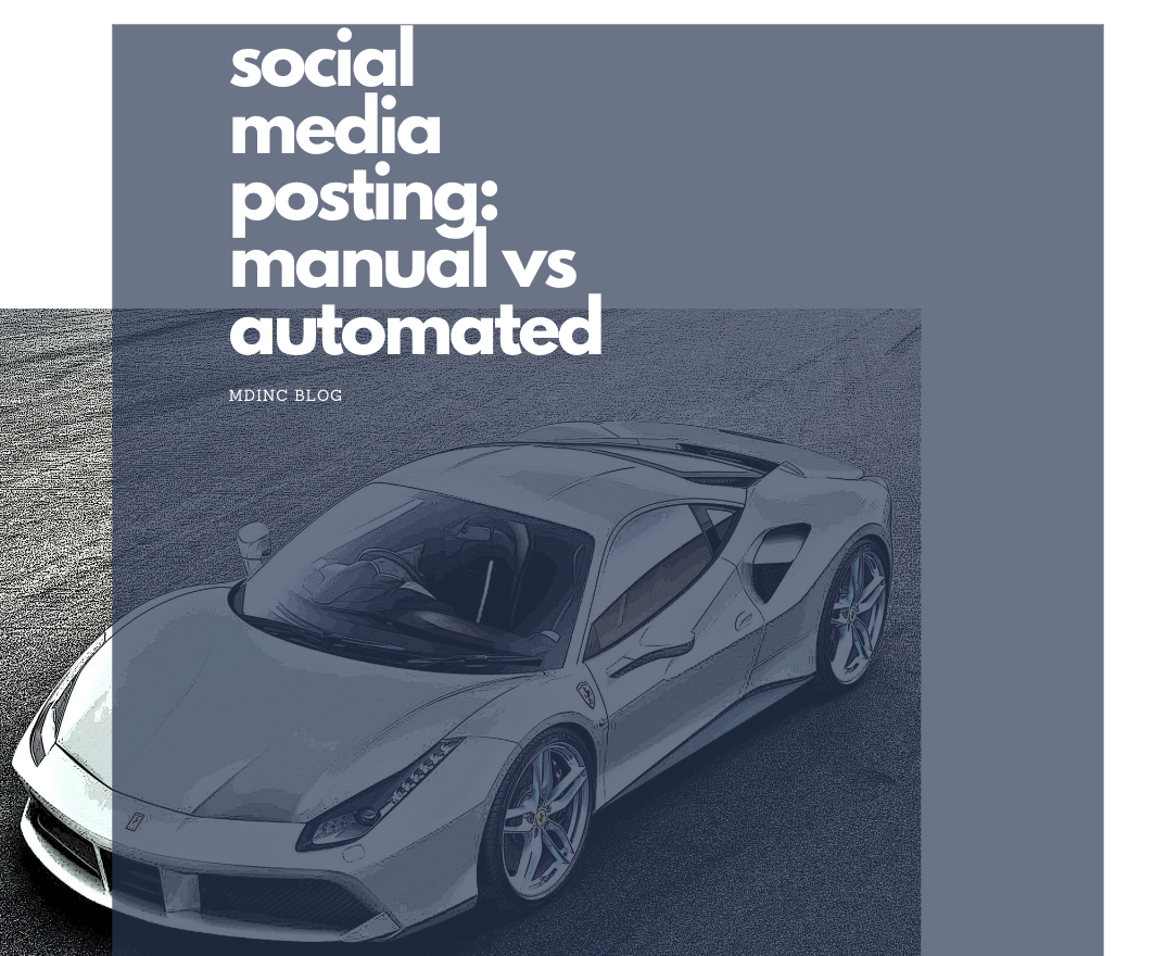 Image of a drawn Ferrari with white text overlay saying Social Media Posting: Manual vs. Automated for an article about social media posting practices.