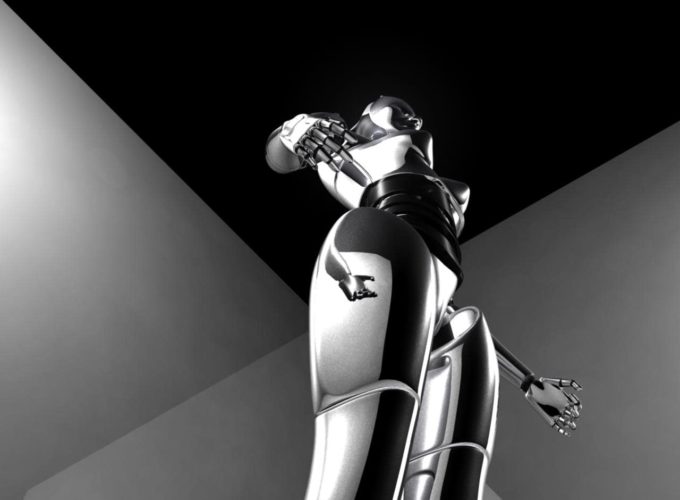 Image of a metal female robot with a black and grey background for an article about harnessing the power of AI for your business.