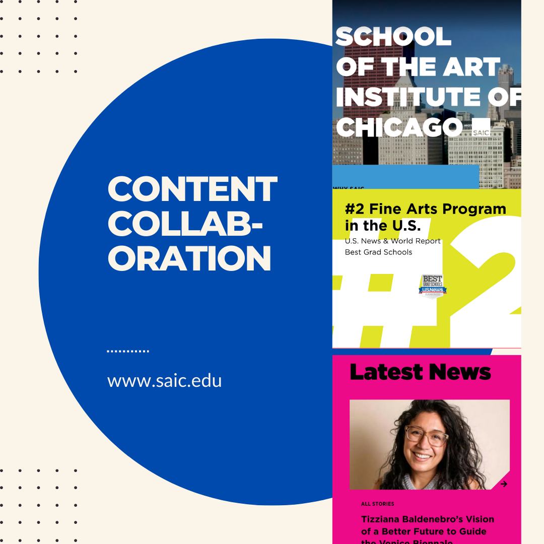 Image of a graphic saying Content Collaboration for an article about MDINC working with Digital Pulp and The School of Art Institute of Chicago.