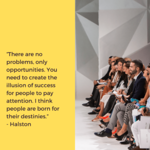 Halston quote text overlaying a yellowbackground with an image of people looking at a runway fashion show for an article about the importance of content migration.