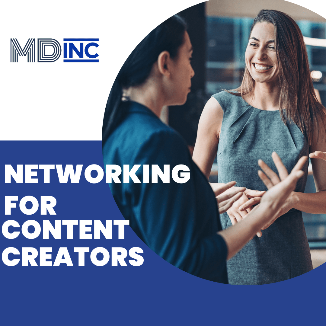 Image of two women talking with text overlay saying Networking for Content Creators for an article with tips and tricks for networking.