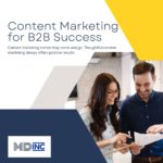 Image of two people smiling over a computer with text overlay explaining the title "Content Marketing for B2B success" and a snippet empowering the reader to make successful decisions.