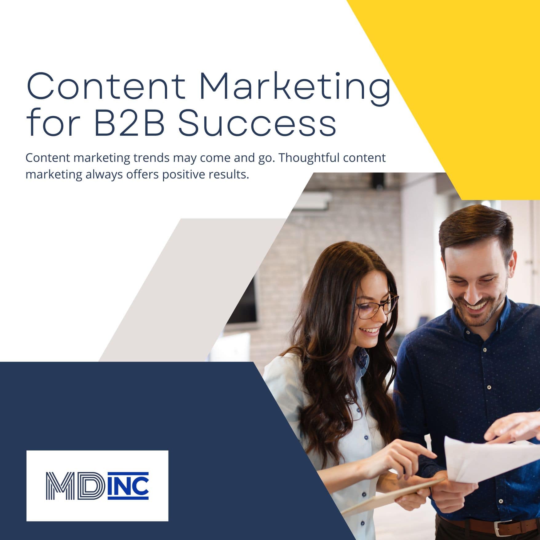 Image of two people smiling over a computer with text overlay explaining the title "Content Marketing for B2B success" and a snippet empowering the reader to make successful decisions.