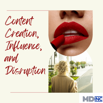 Image of red lips and lipstick and a short-harired blonde woman from behind for an article about Taylor Swift's content creation and ownership.