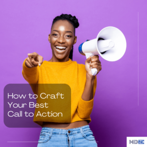Image of a person with a yellow sweater and a white megaphone on a purple background for an article about how to craft your best call to action.