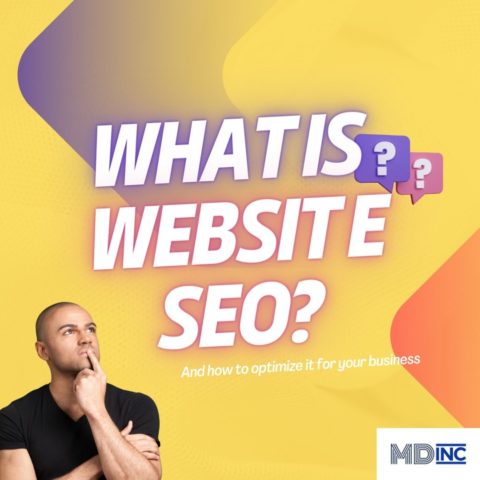 Image of a person in a black shirt with yellow and blue graphics asking What is Website SEO for an article by the same name.